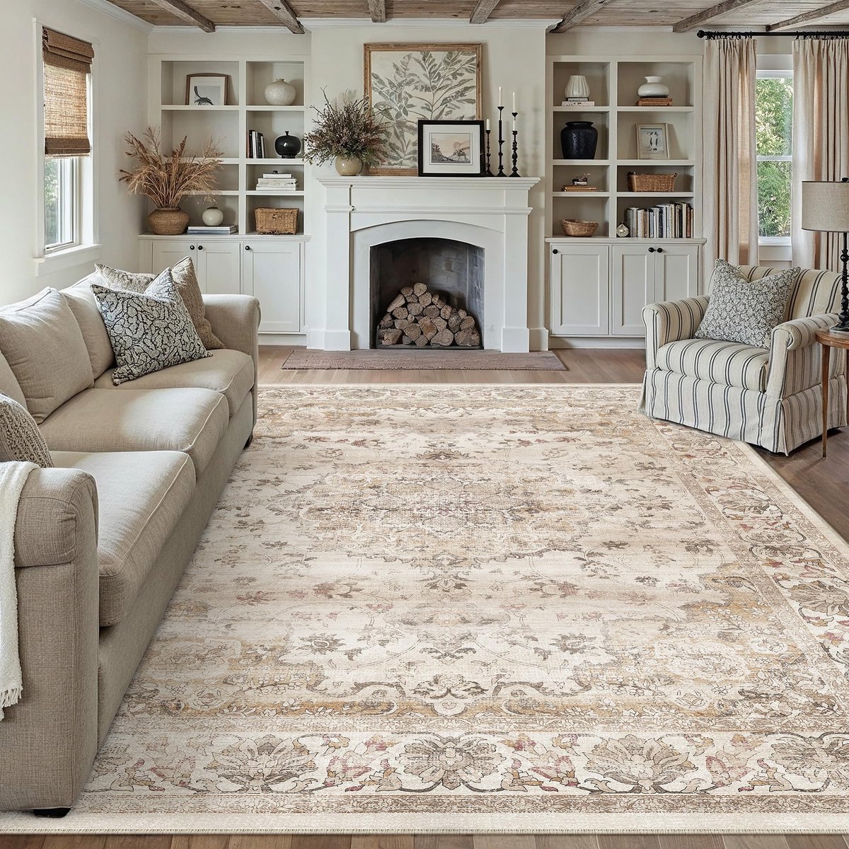 SnelShoppen - Wasbare Vintage Beige Vloerkleed 300 x 400 cm Korte Pool Antislip Zacht Bohemian Retro XXL Bruin Tapijt voor Keuken, Eetkamer, Slaapkame