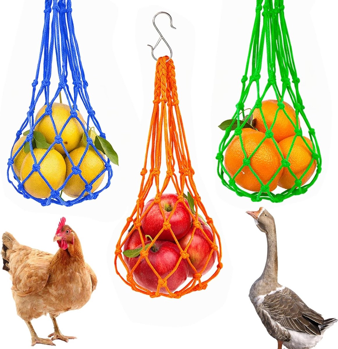 Set van 3 voedernetten voor het voeden van kippen, eenden, ganzen en andere vogels buiten, praktisch ontwerp voor eenvoudig gebruik