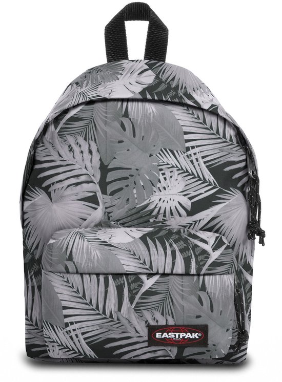 Eastpak rugzak met tropische bladerprint in grijs en donkergroen.
