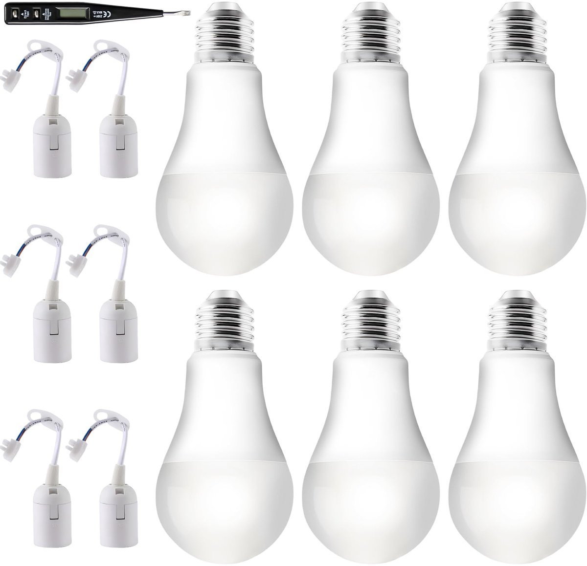 SnelShoppen - 6500K E27 LED-lamp Met Fitting Lamphouder + VDE-spanningstester: Reserve Fitting 15W Mat, Bouwfitting Met Kabel, Koud Wit voor Thuis, Ke