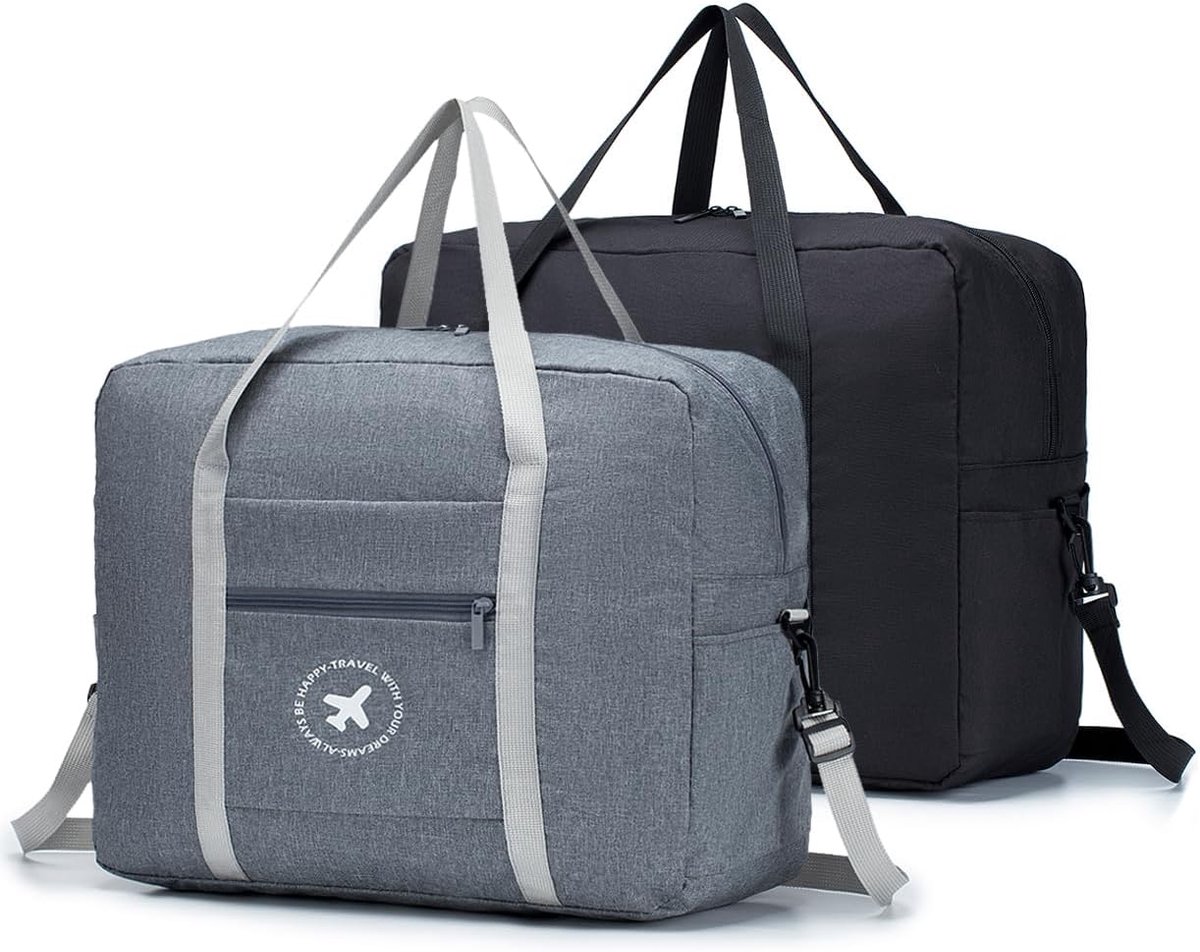 SnelShoppen - 2x Reistas Handbagage Koffer 45x36x20 voor easyJet, Waterdichte Nylon Weekendtas, Opvouwbare Reis- en Campingtas, Zwart