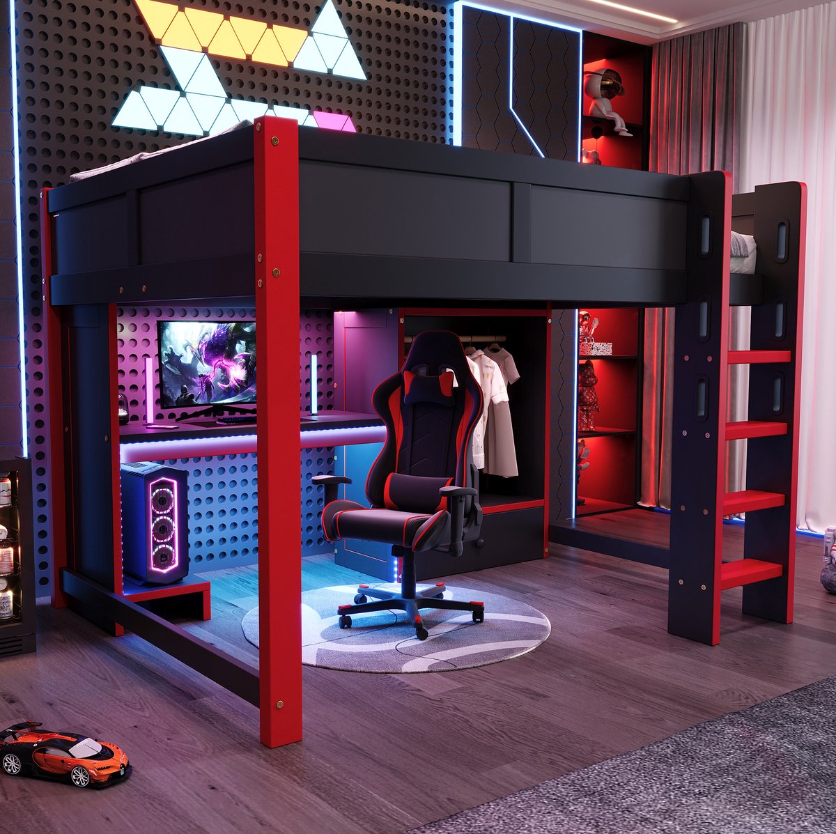 DESMIU Hoogslaper 140x200 cm – Met Ledverlichting & Bureau – Met Kledingkast, Open Vakken En Lades – Voor Kinderkamer – Hout En MDF – Zwart Rood – Zonder Matras