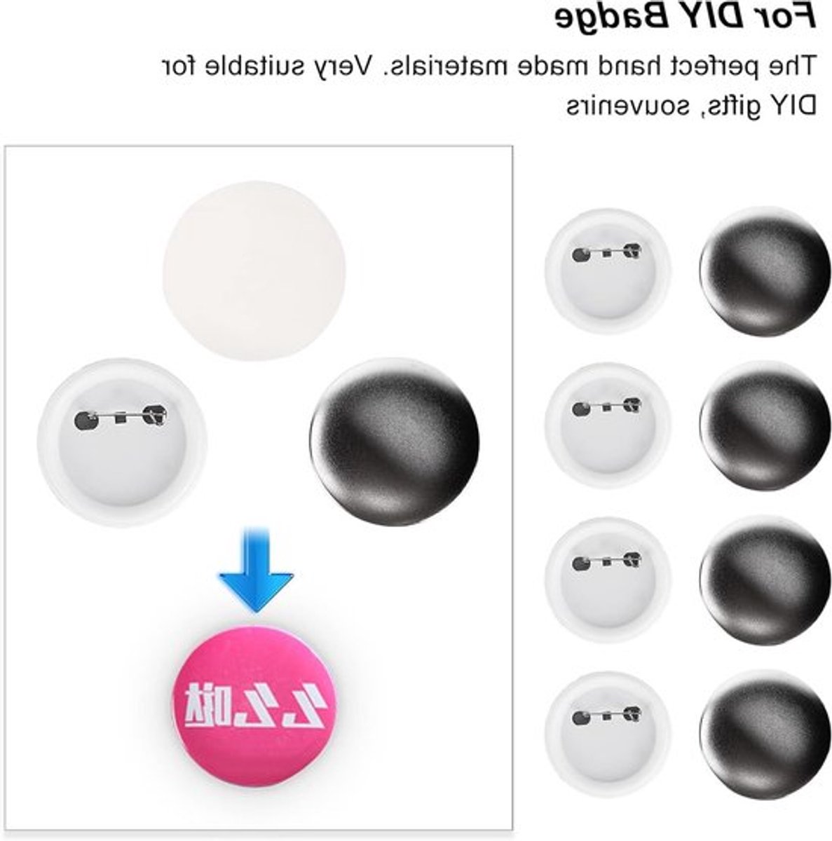 100 sets knopbadge-kit voor DIY badges, plastic badge-pins, knutselbenodigdheden en ontwerpgereedschap (Ø 58 mm)
