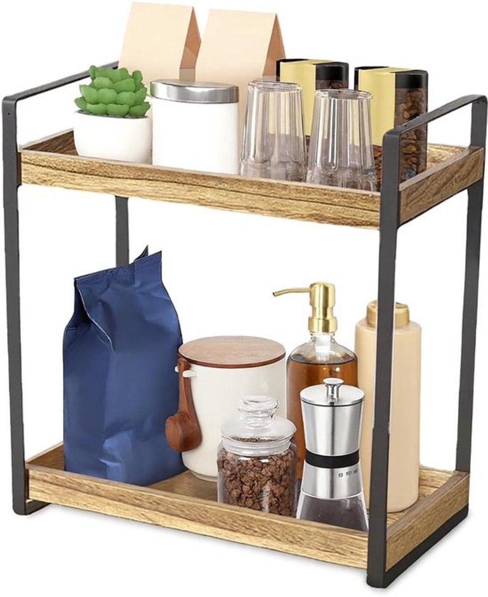 Houten Koffiebar Accessoires Organiser met 2 Niveaus, Ideaal voor Koffie, Keukenopslag en Toilettasjes, Perfect voor Bureau of Keukenruimte