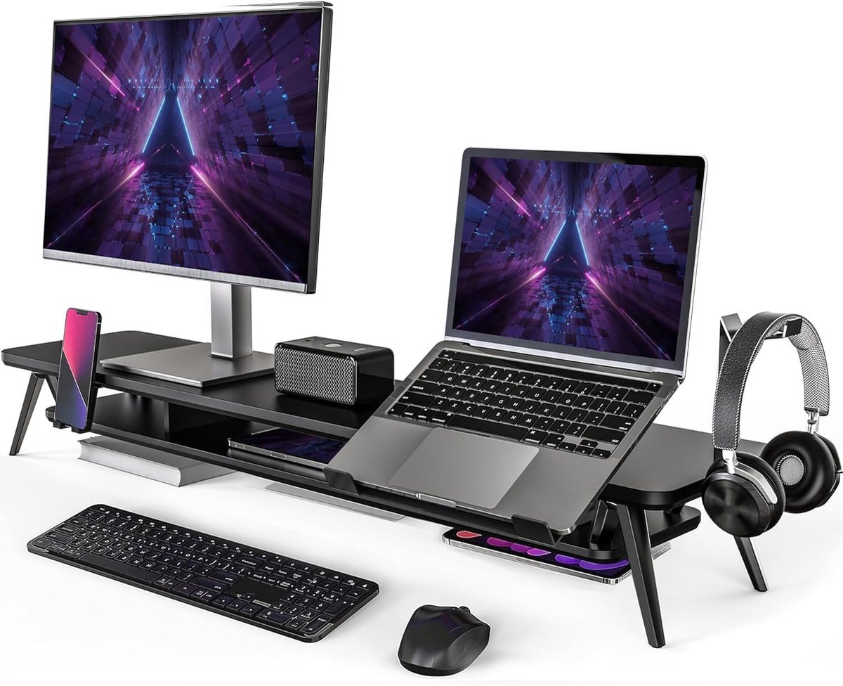 Fenge Monitorstandaard - Monitor Verhoger 108 cm - Met laptopstandaard, telefoonhouder en koptelefoonhaak - Verstelbare laptopstandaard - Water- en krasbestendig