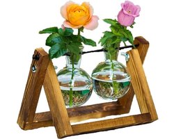 Terrarium voor hydroponiek - Vermeerderingsstation voor planten met houten rek voor thuis- en kantoordecoratie - 2 potten voor groene planten