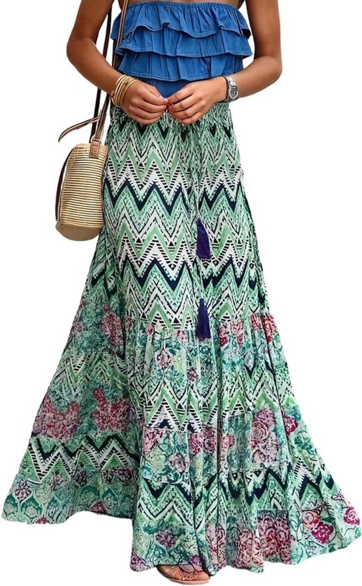 Zomer maxi rok voor dames, boho A-lijn, hoge taille, elastisch, gedrukt, strandrok, casual en chic ontwerp