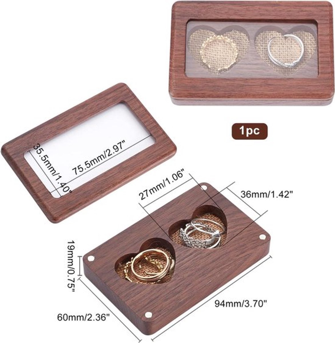 Houten Rustieke Ringdoos met Dubbel Hart voor Bruiloft, Verloving en Valentijnsdag - Eenvoudige Ringdrager - Gegraveerde Ringhouder - 3,7 x 2,4 x 0,8/9,4 x 6 x 1,9 cm