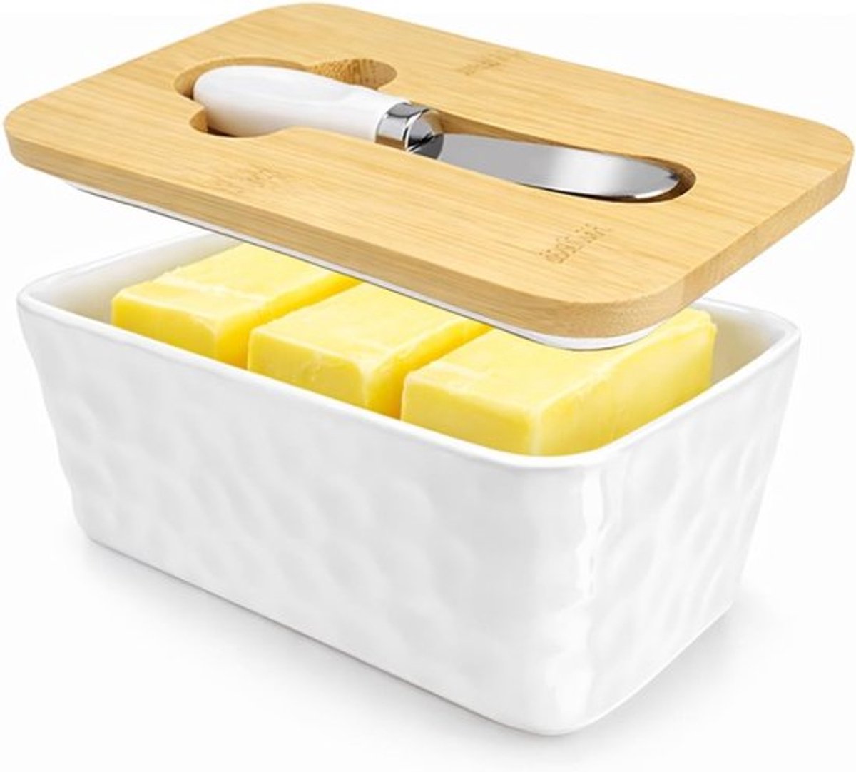 Grote Porseleinen Botervloot van 350 ml met Houten Deksel en Botermes, Luchtdicht en Ideaal voor 250-300 g Boter, Perfect voor Keuken en Tafeldecoratie