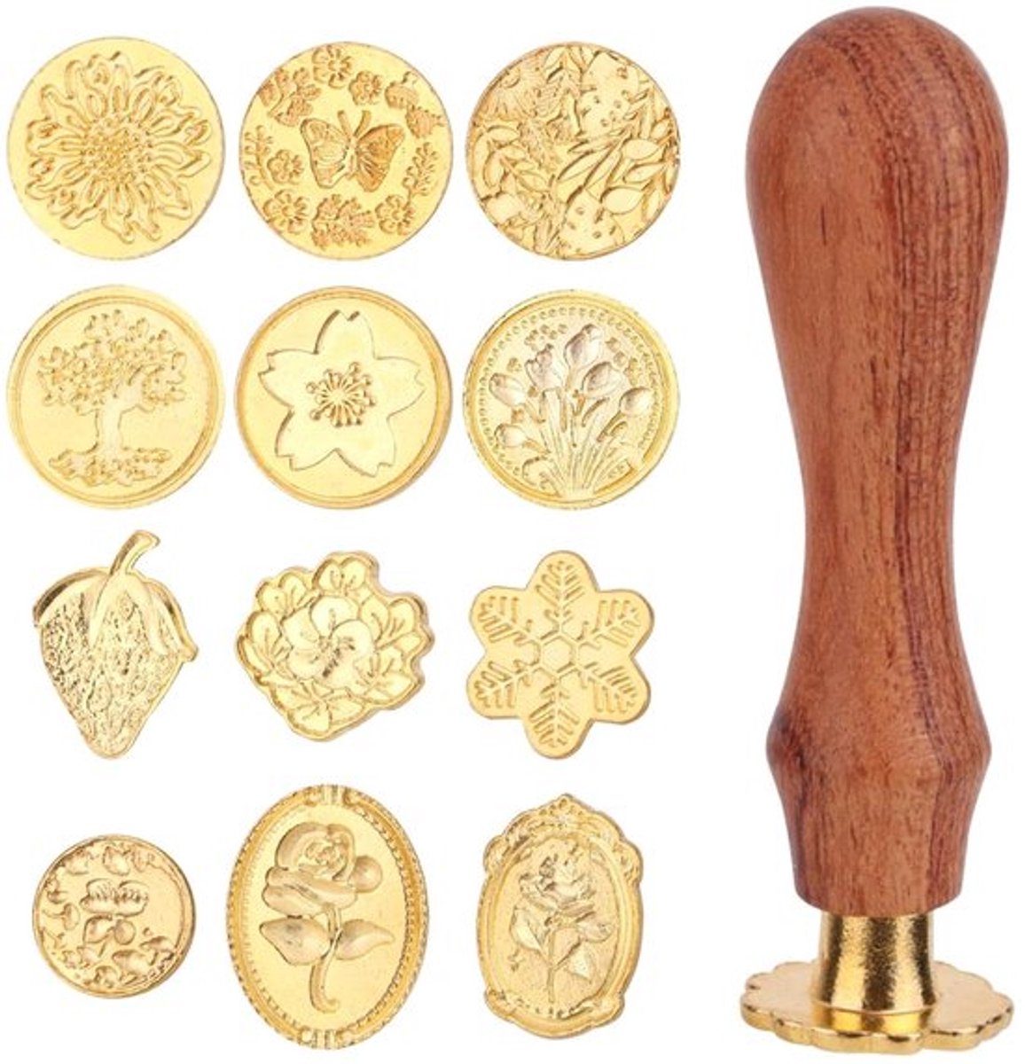 Vintage wax stempel set met 12 koppen en houten handvat - Uitnodigingskaarten, enveloppen, cadeaudecoratie - DIY knutselspullen - Stijlvol ontwerp