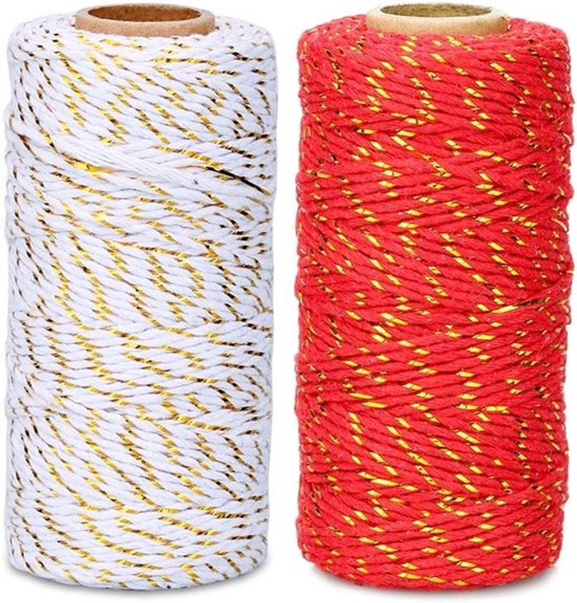 Kersttouw: 200 meter rood-wit katoenen touw met gouden koord, 2 mm - Decoratief bakers touw voor DIY geschenkdecoraties