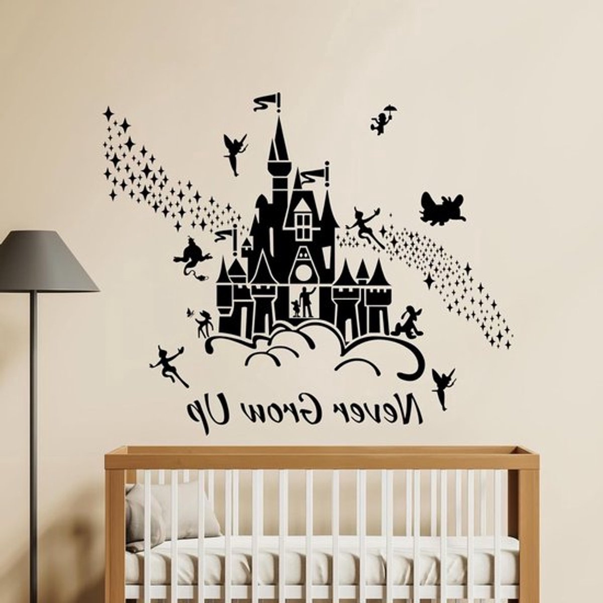 Peter Pan Muurstickers, Sprookjeskasteel Sterren Wanddecoraties, DIY Muurkunst voor Babykamer en Kinderkamer - Zwart