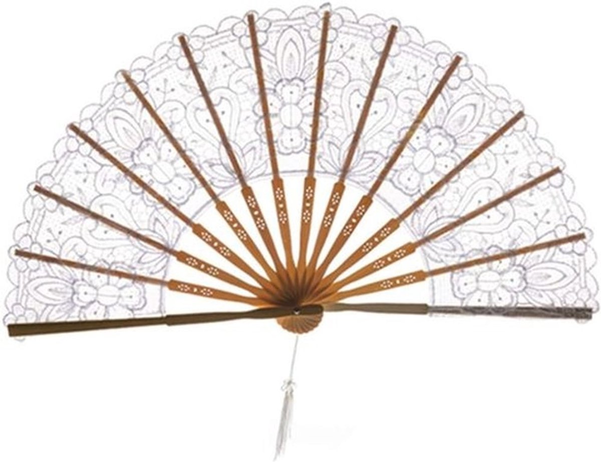 Elegante vintage witte kanten handimpeller van bamboe, perfect als trouwcadeau of voor feestelijke kostuums