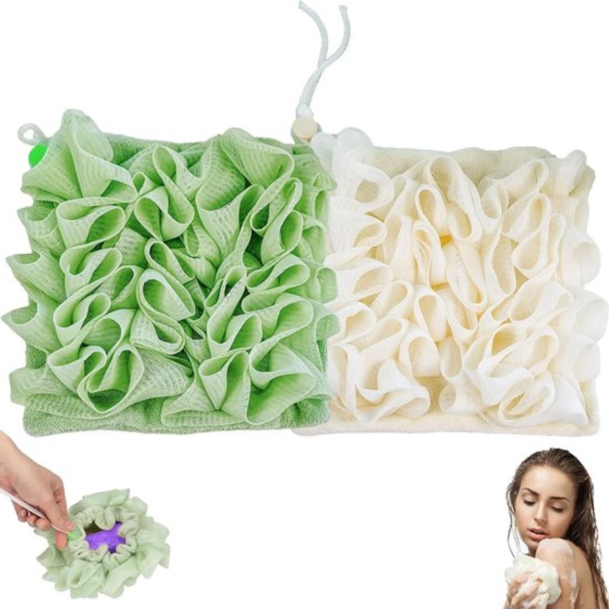 2-in-1 Badzeep Spons en Douche Scrubber, Loofah Douche Puff voor Bad en Douche, Ideaal voor Mannen en Vrouwen, Zacht en Effectief voor een Verfrissende Reiniging