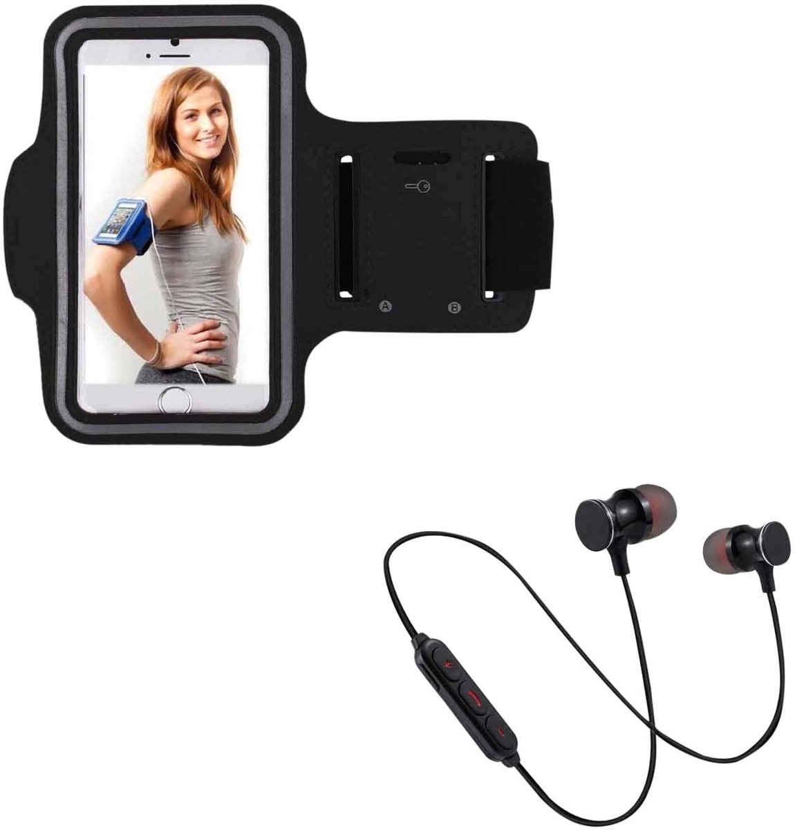 SnelShoppen - Sportset voor Smartphone met Bluetooth Koptelefoon en Manchetten voor Lopen - T7 - Zwart - Perfect voor Sport, Fitness en Buitenactivite