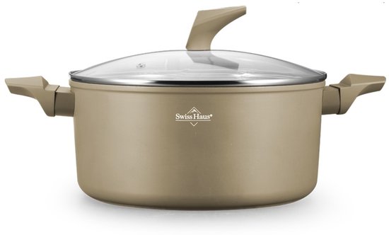 Swiss Haus® LC28CH Braadpan Inductie met Deksel - Ø 28 cm / 8.0 Liter Soeppan - PFAS Vrij - Braadpannen Voor Alle Warmtebronnen - Pan Met Sapphire™ Antiaanbaklaag - Champagne
