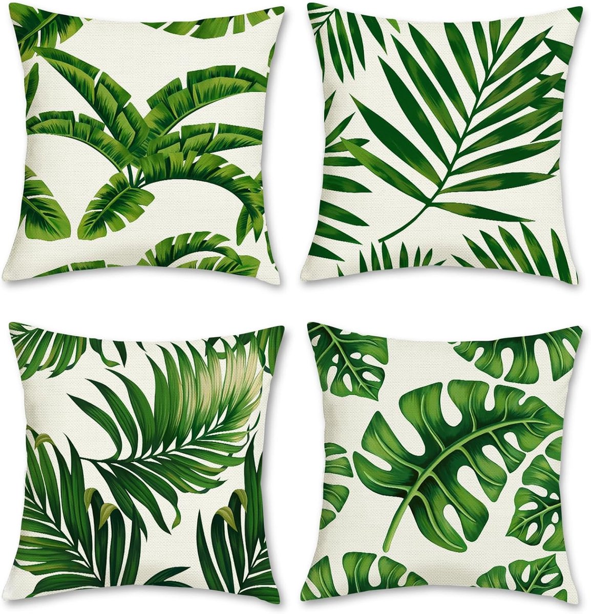 SnelShoppen - Set van 4 Kussenslopen 40 x 40 cm met Tropische Bladeren, Groene Polyester en Linnen Decoratieve Kussenhoezen voor Woonkamer, Tuin en Ou