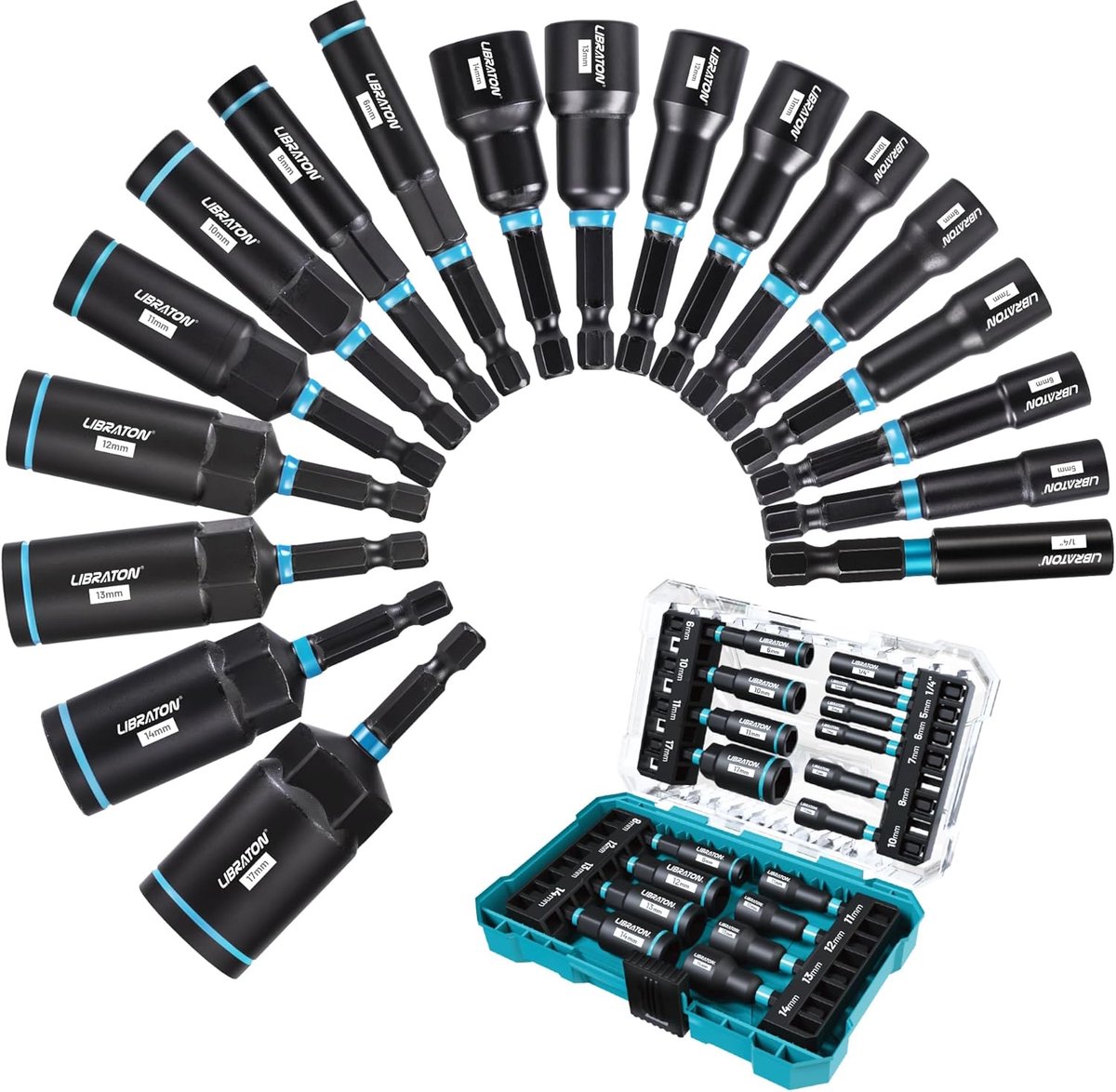 SnelShoppen - Magnetische dopsleutelset 18-delige, slagschroevendraaier-bitset, diepe dopsleutels 5-14 mm, steeksleutels 6-17 mm, bithouder, autorepar