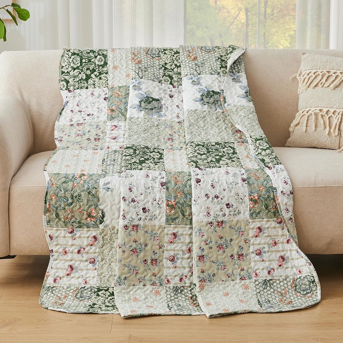 SnelShoppen - Qucover Patchwork Sprei 150 x 200 cm - Groen Licht Kleurrijk - Eenpersoonsbed Deken - Bankdeken met Bloemen - Ultrasoon Genaaid in Lande