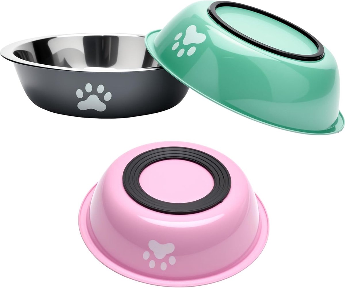 SnelShoppen - Hondenbak Roestvrij Staal 3 Stuks 860 ml Antislip Voederbak voor Kleine en Middelgrote Honden en Katten - Antislip Siliconen Bodem