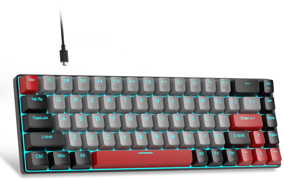 SnelShoppen - Draagbaar 60% Mechanisch Gaming Toetsenbord met Blauw LED Achtergrondverlichting, Compact 68 Toetsen Mini Bedraad Kantoor Toetsenbord me