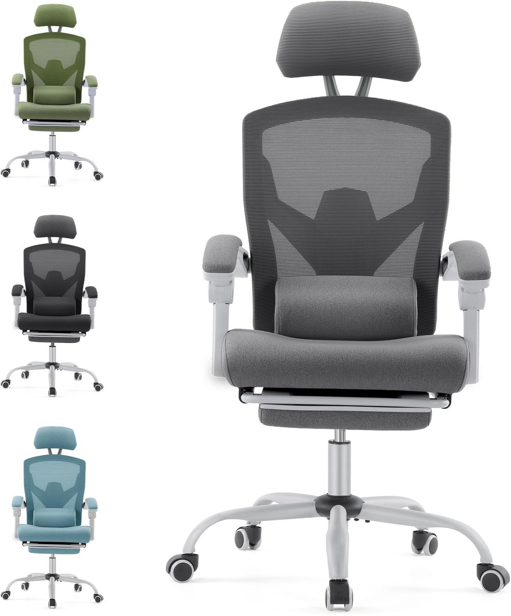SnelShoppen - Ergonomische Bureaustoel met Lendensteun en Voetensteun, Draaibare Computerstoel voor Thuis, Comfortabele Bureau Stoel met Armleuningen