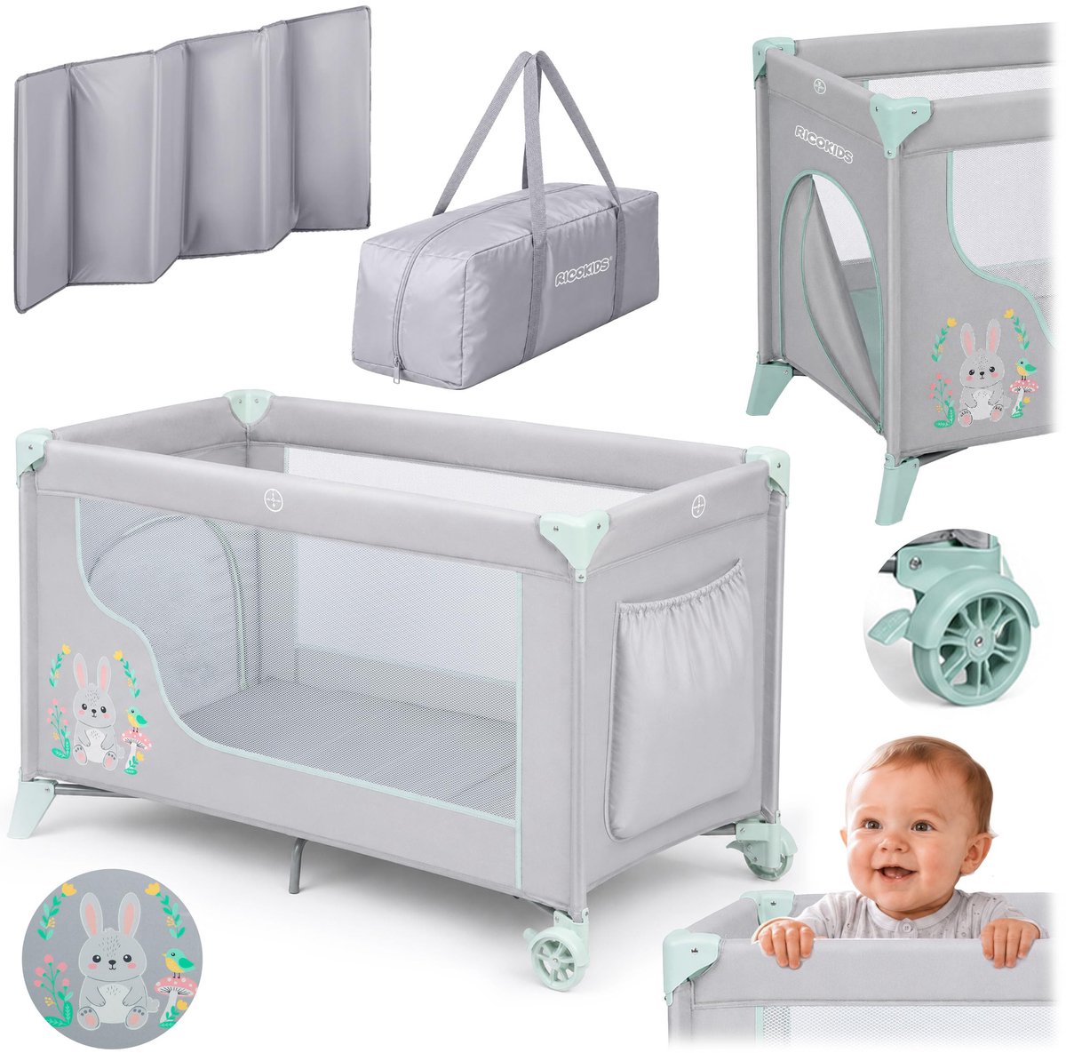 SnelShoppen - Reisbed Peuterdbed Draagbaar Box 125 x 65 x 78 cm Lichtgrijs Mintkleurig Opvouwbaar Met Wielen Remmen Afneembare Zijingang Inclusief Mat