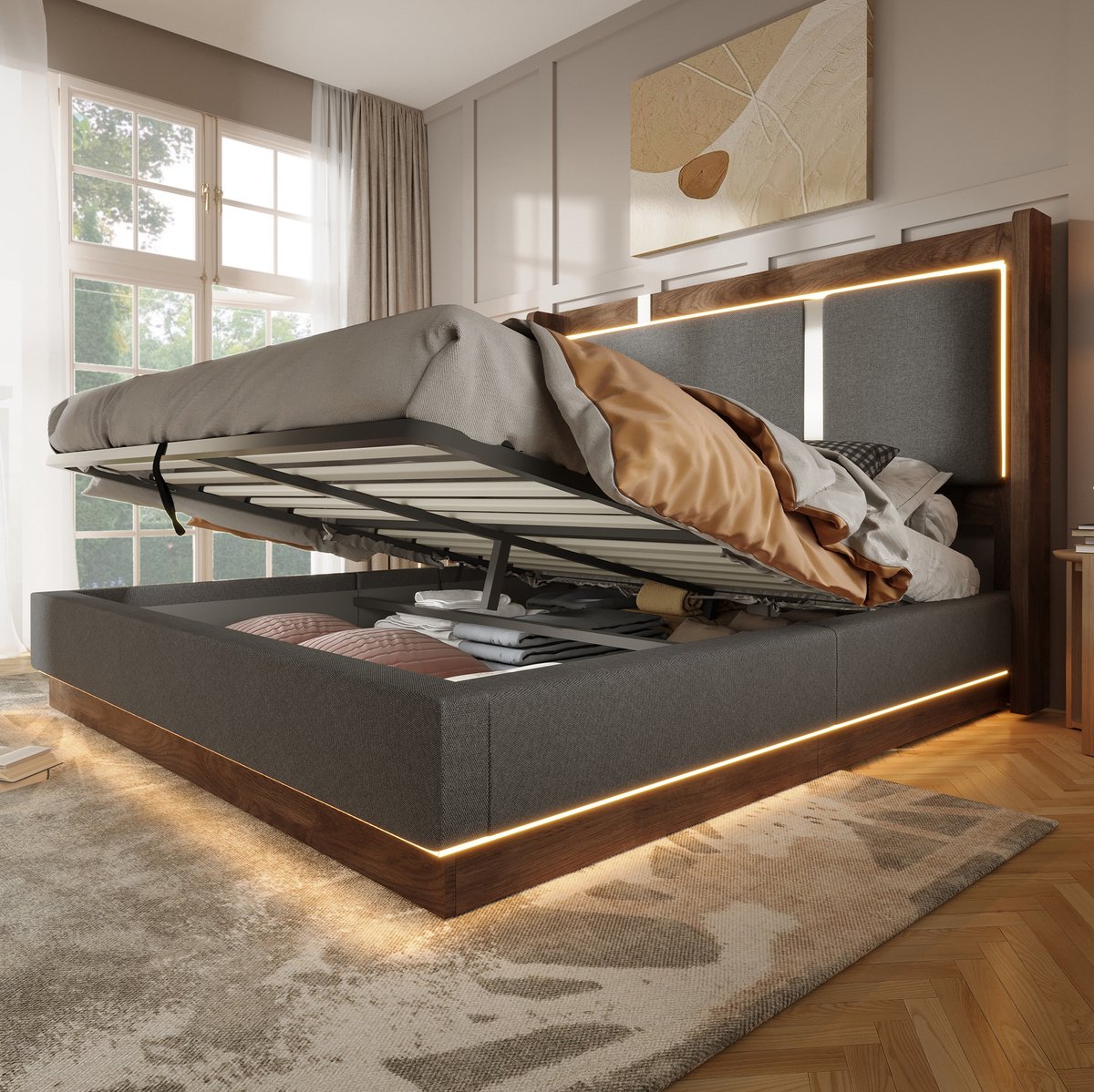 COVREO Bedframe met LED en opbergruimte – 180x200 cm – Tweepersoonsbed van linnen, hout en metaal – voor slaapkamer – Grijs/Walnoot - zonder matras