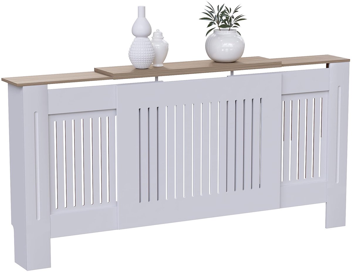 SnelShoppen - Arlington Radiatorombouw Wit - Verstelbaar - Modern Shaker Style - Vertical Slat Design - H83xW140-204xD19cm - Geschilderde MDF-kast voo