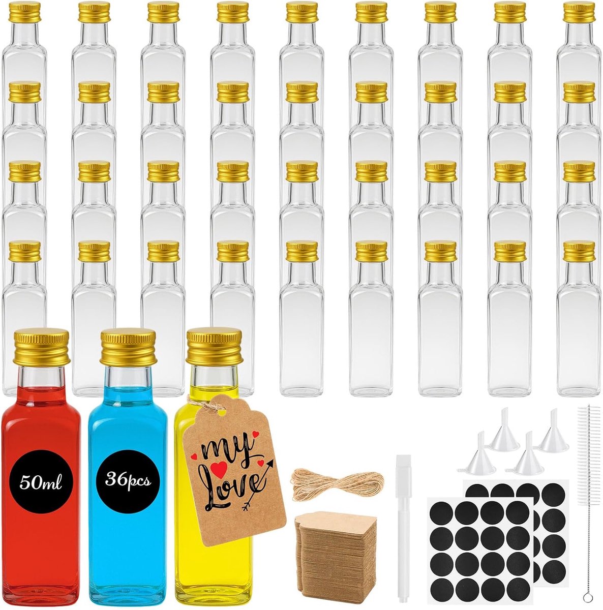SnelShoppen - 36 Pcs 50ml Plastic Shot Bottels met Schroefdop, Labels, Funnels, Jute Touw, Pen voor Feestjes, Bruiloften en Cadeaus