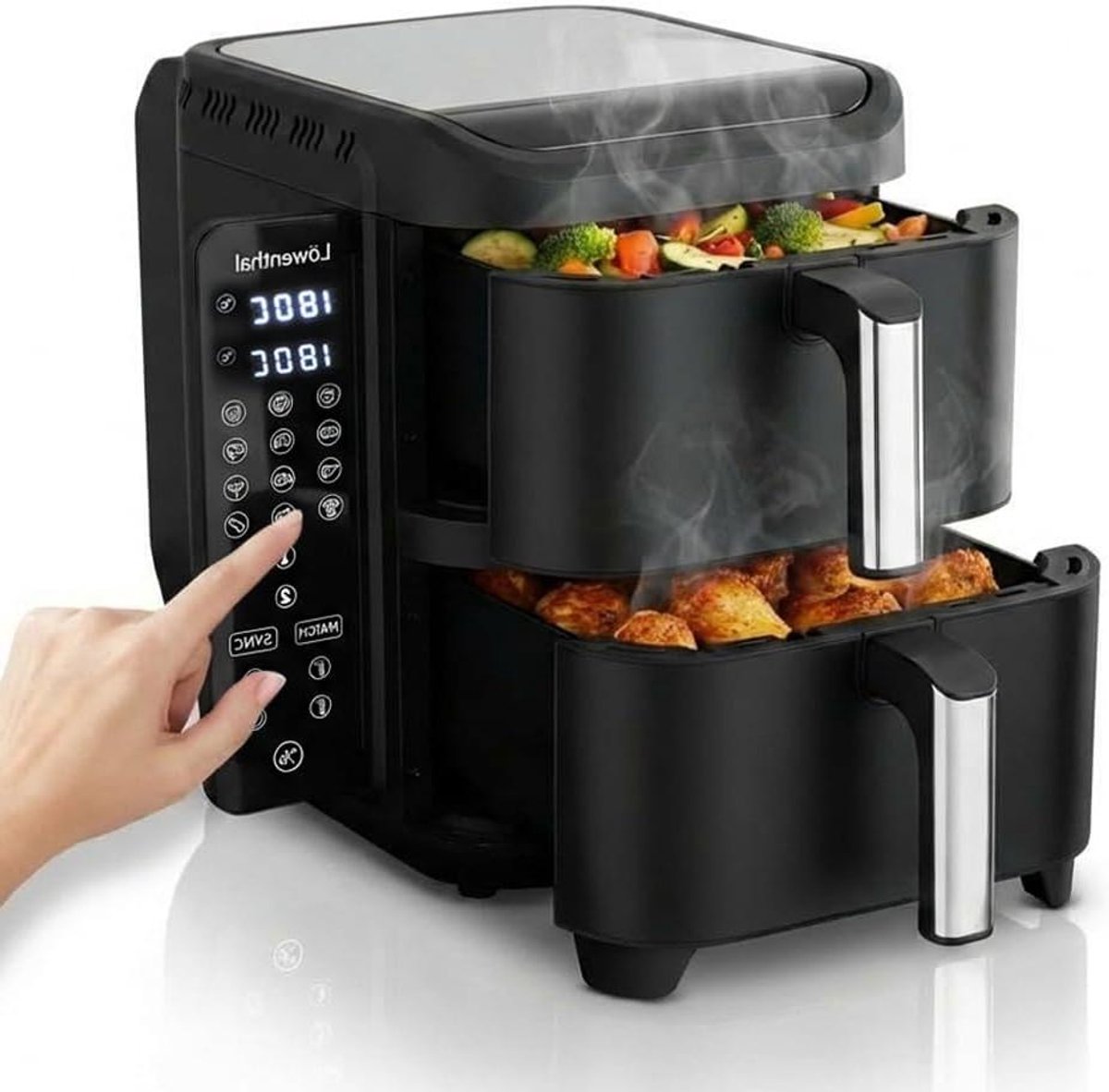 Dubbele Airfryer - Hetelucht Friteuse - Maaltijden Bereiden - Sync Finish Functie - 11 Liter Capaciteit - Zwart