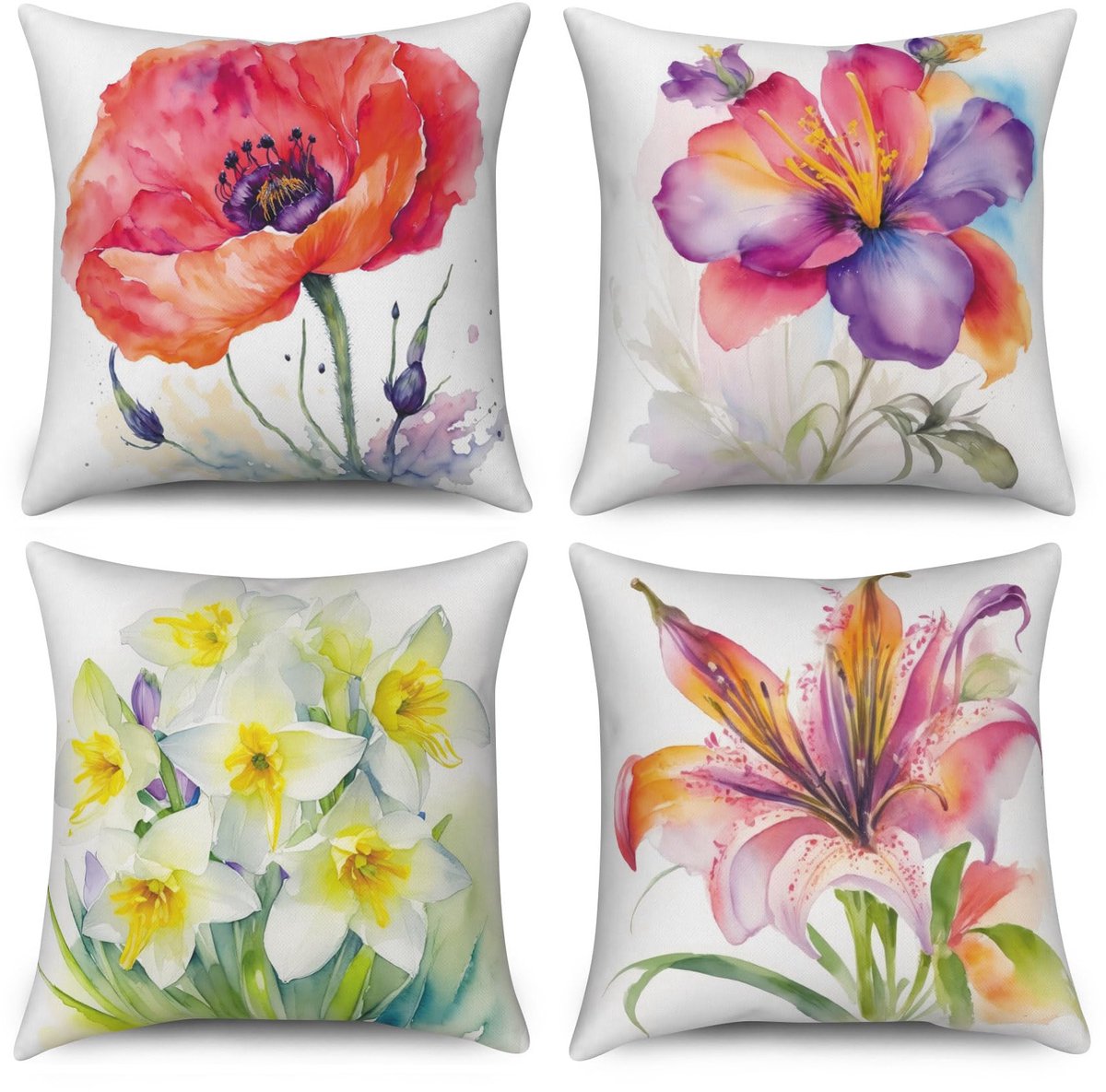 SnelShoppen - Set van 4 Bloemen Kussenslopen 40x40 cm - Aquarel Rood, Wit, Paars en Groen - Wasbaar Polyester Textiel voor Bank, Outdoor, Feest en Tui