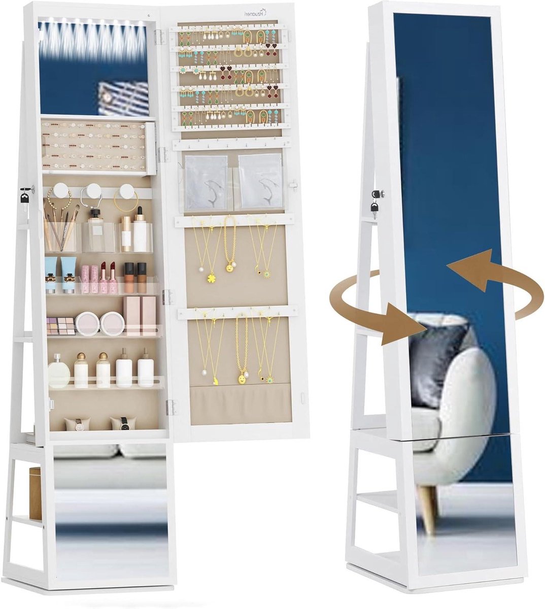 Juwelenkast - Spiegelkast - Sieraden Organiseren - 360 graden draaibaar - 159 cm hoog - Wit Beige