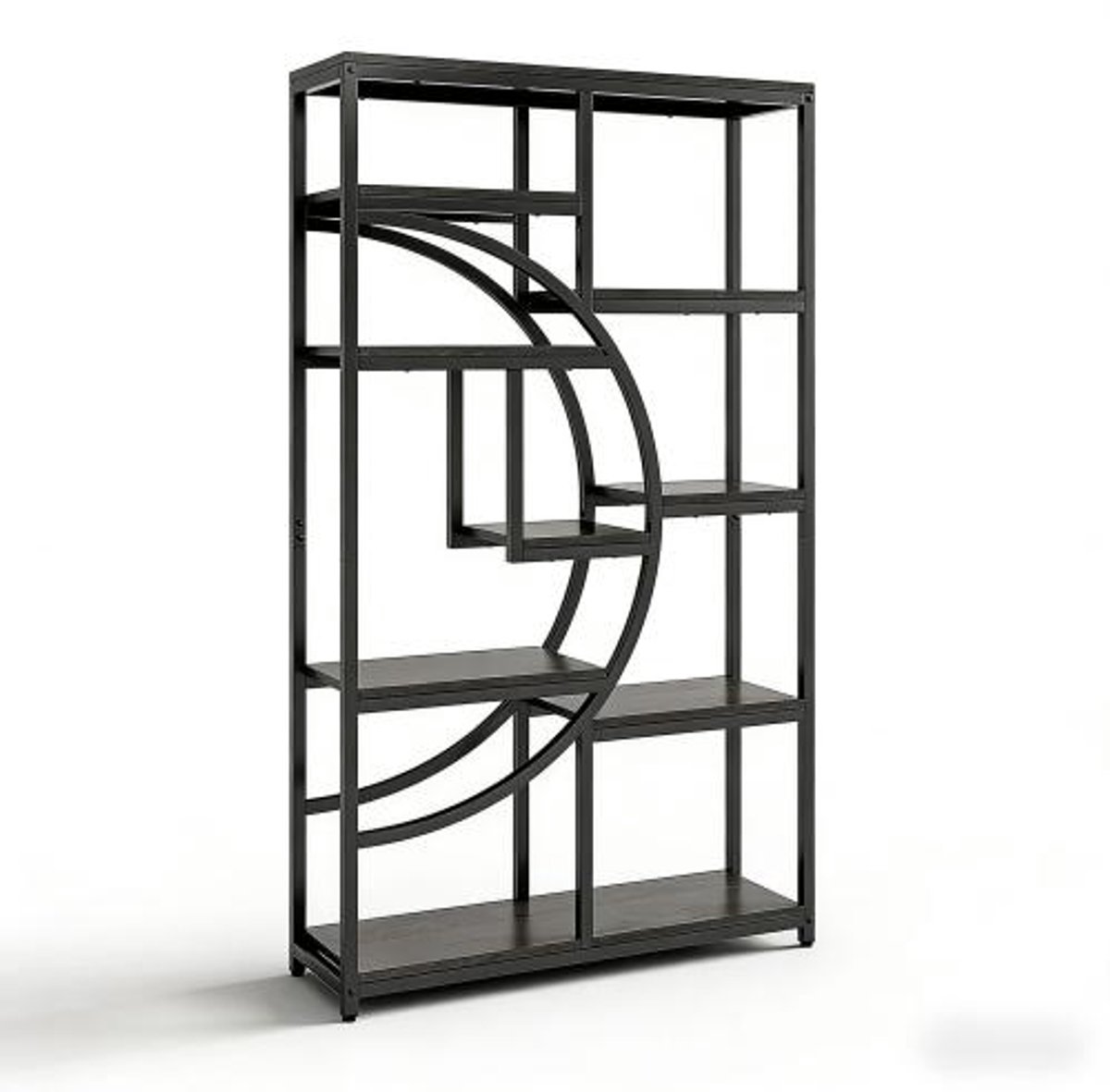 REDOM - Boekenkast / displayrek - Geometrisch halvemaanontwerp - Open rekken - Vrijstaand - Industriële stijl - Woonkamer, slaapkamer of thuiskantoor - Metaal en hout - Zwart - 95 x 30 x 175 cm