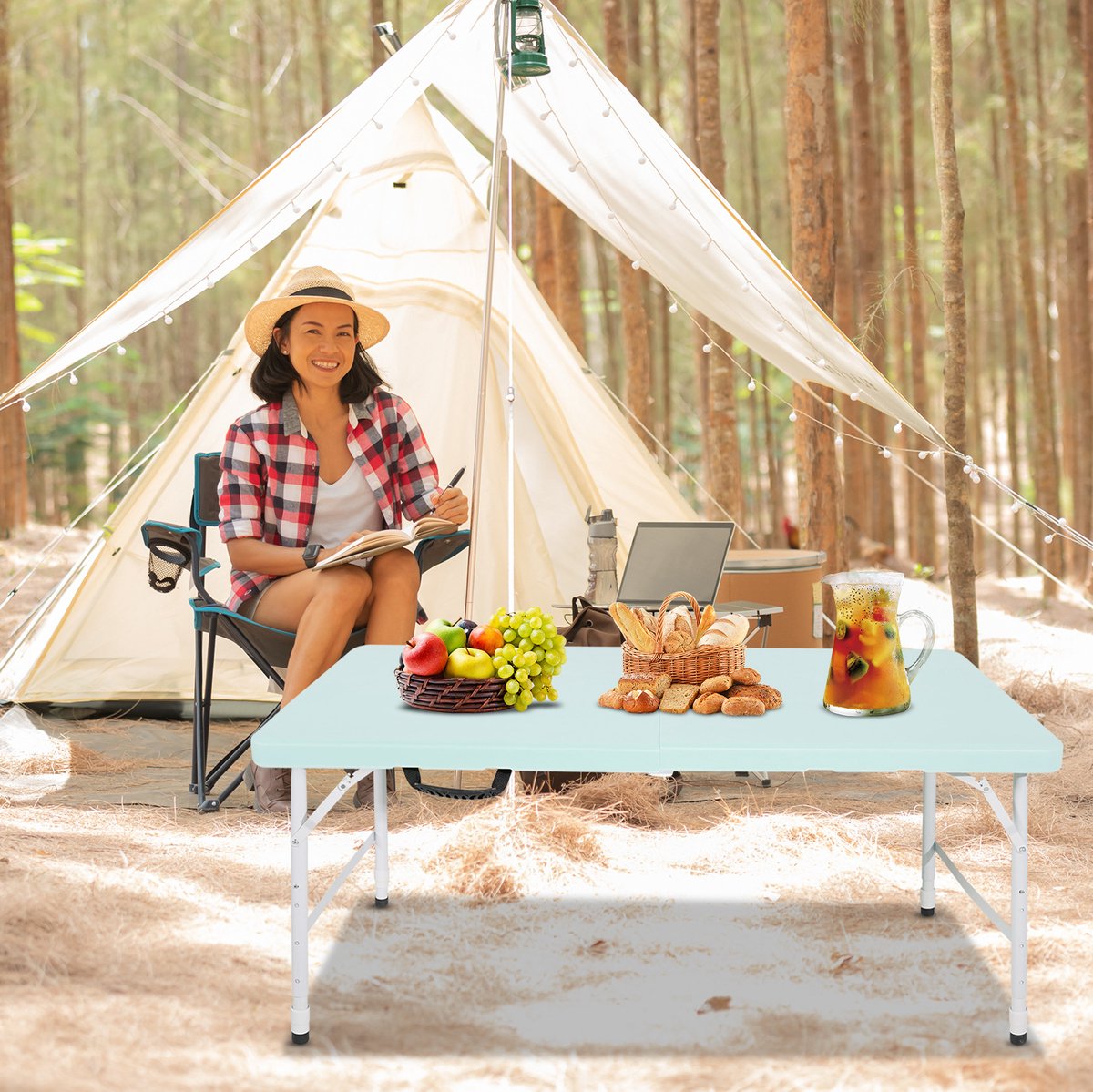 MODENUIT Picknicktafel - Opvouwbaar Met Handgreep En Verstelbare Hoogte - Voor Picknick - Blauw - 125x61 Cm