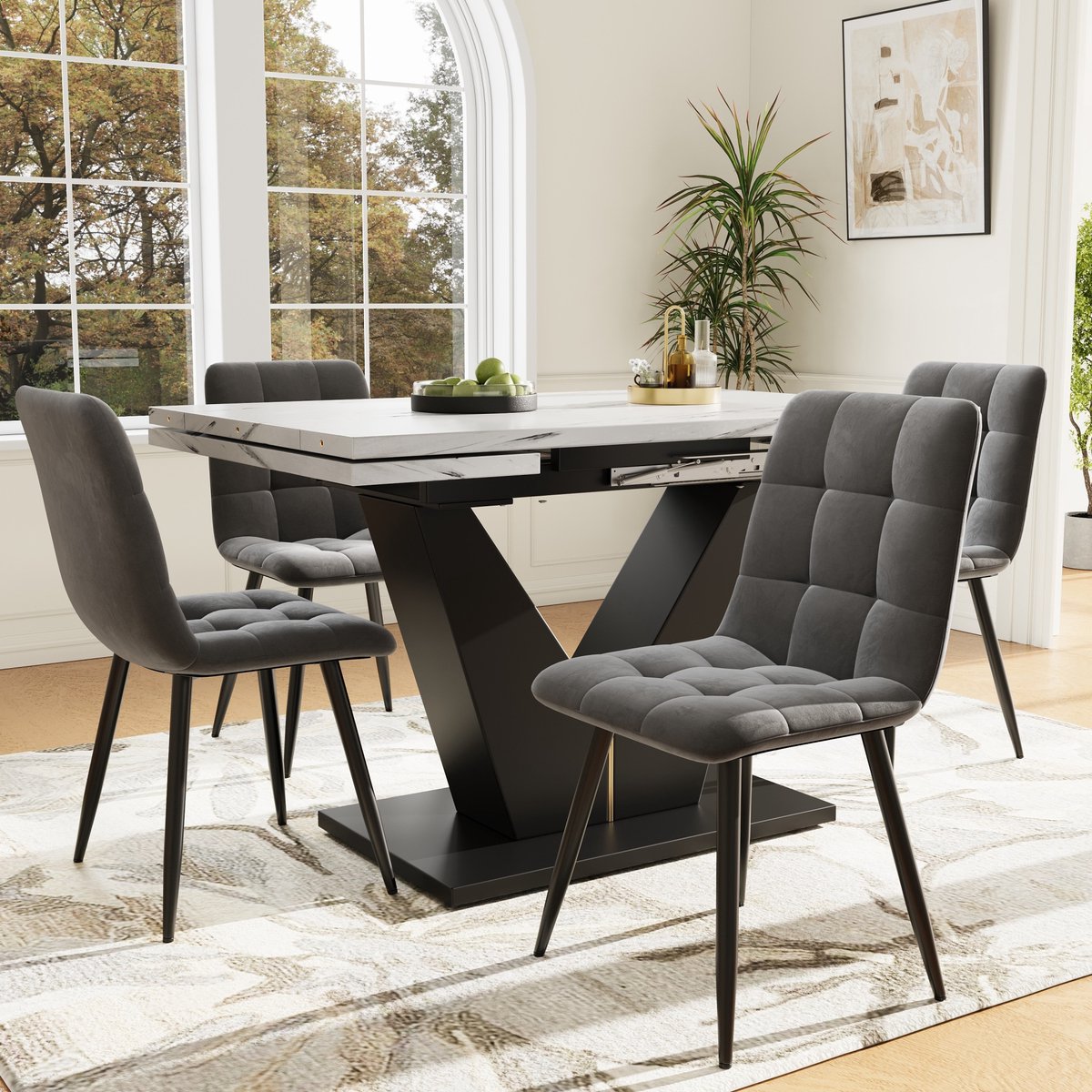 COVREO Eettafelset 159x75x75 cm, wit grijs zwart, MDF en metaal 4 stoelen