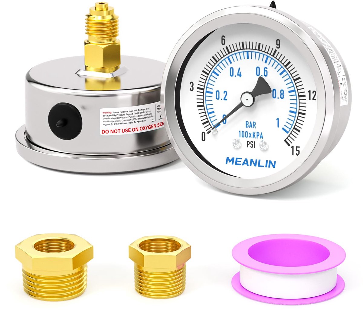 SnelShoppen - Droge Manometer 0~1BAR/0~15PSI Roestvrij Staal 1/4" BSP 2" Face Dial Waterdicht voor Put Pomp Waterdruk Tester met 1/2" BSP en 3/8" BSP
