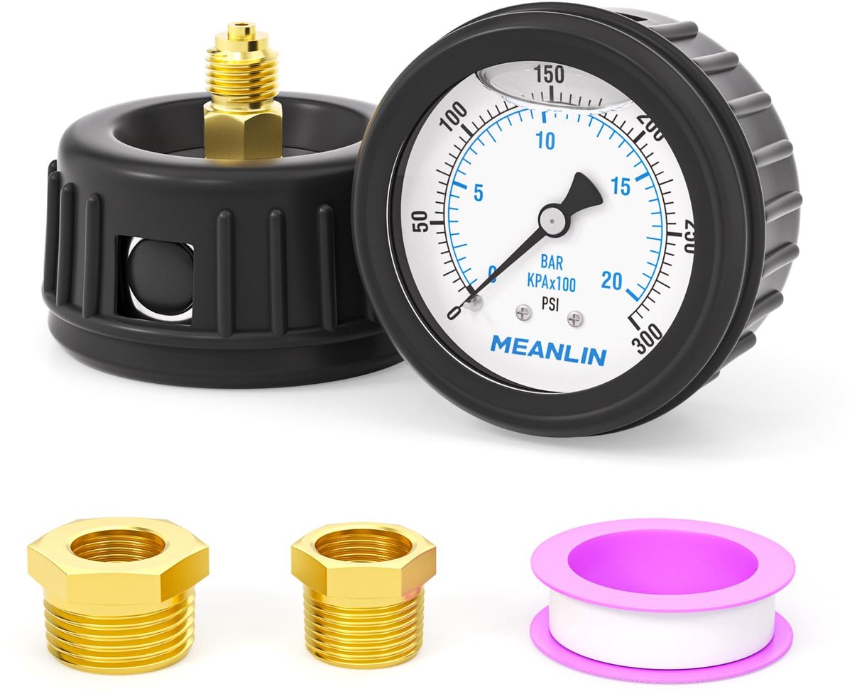 SnelShoppen - Vloeistofgevulde Manometer 0~20Bar/0~300Psi Roestvrij Staal 1/4" BSP 2.5" Dial met Rubberen Beschermhoes en Zeskantbus 1/2" & 3/8"