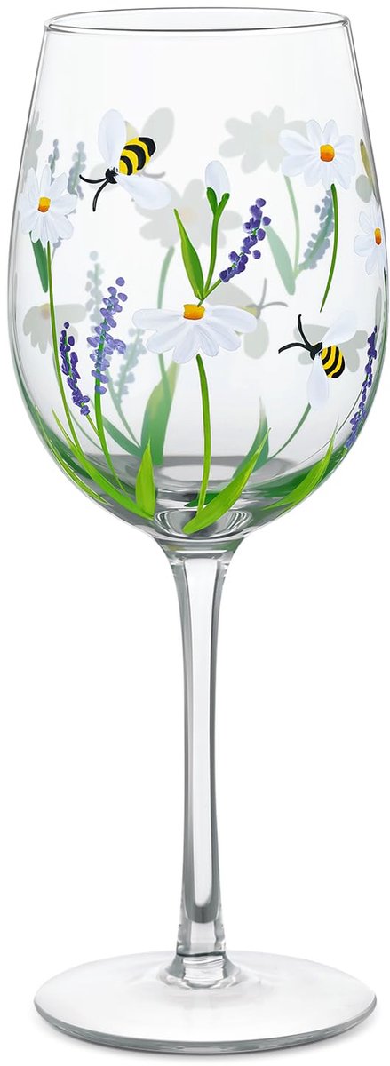 SnelShoppen - Handgeschilderd Wijnglas Madeliefje Bij Lavendel 15 oz - Ambachtelijk Wijnglas - Uniek Cadeau voor Verjaardagen, Bruiloften, Valentijnsd