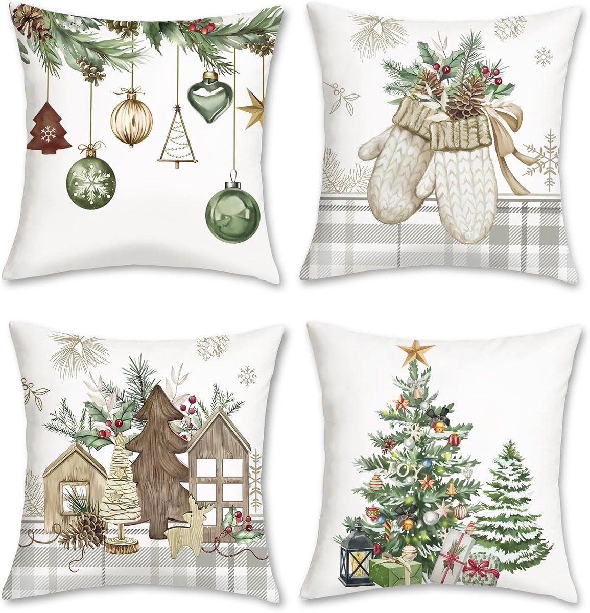 Decoratieve Kussenslopen 45 x 45 cm met Kerstboom, Kerstballen en Handschoenen - Set van 4 voor Woonkamer en Tuin