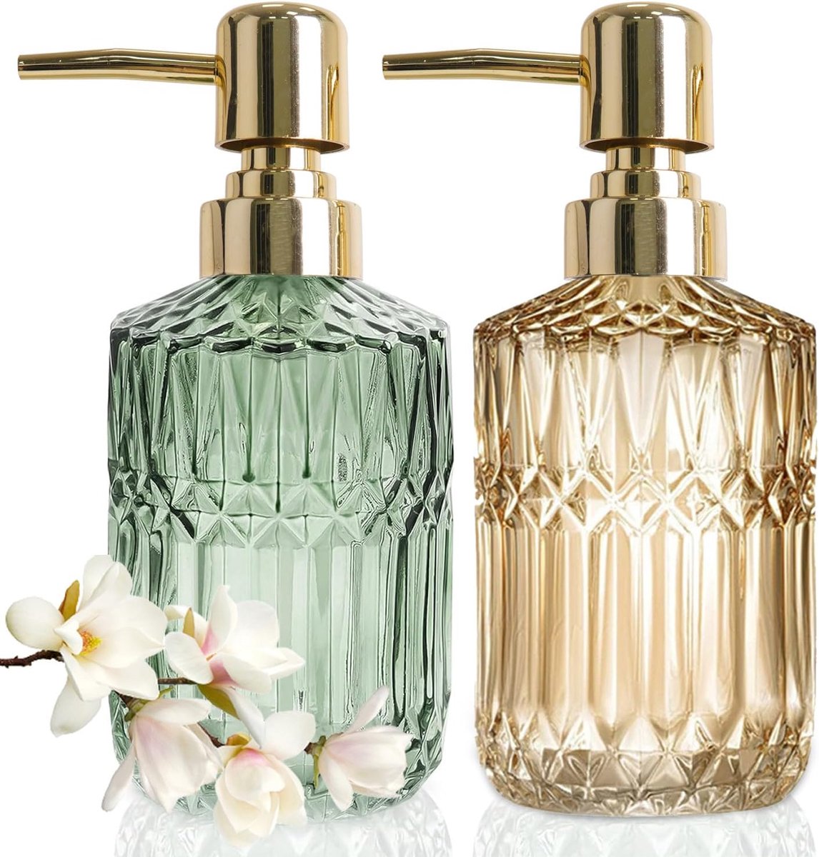 SnelShoppen - Zeepdispenser Groen Goud Glas Set van 2 - Vintage Elegante Glazen Zeepdispenser met Pomp voor Shampoo, Zeep, Luxe Decoratie voor Keuken