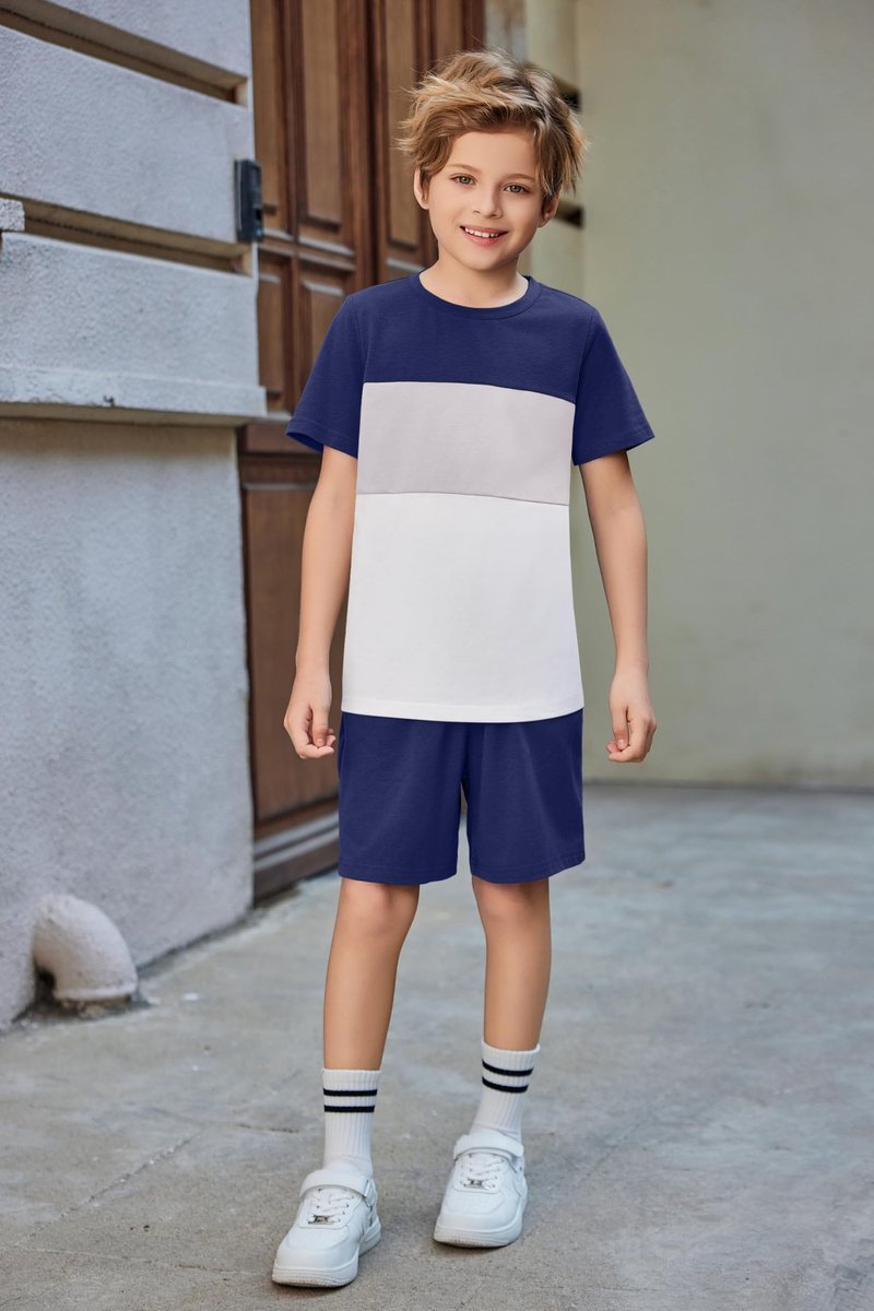 SnelShoppen - Set met T-shirt en korte broek voor jongens 6-14 jaar, Blauw, Maat 11-12 jaar, Ideaal voor zomer, vakantie, spelen, sport, comfortabele