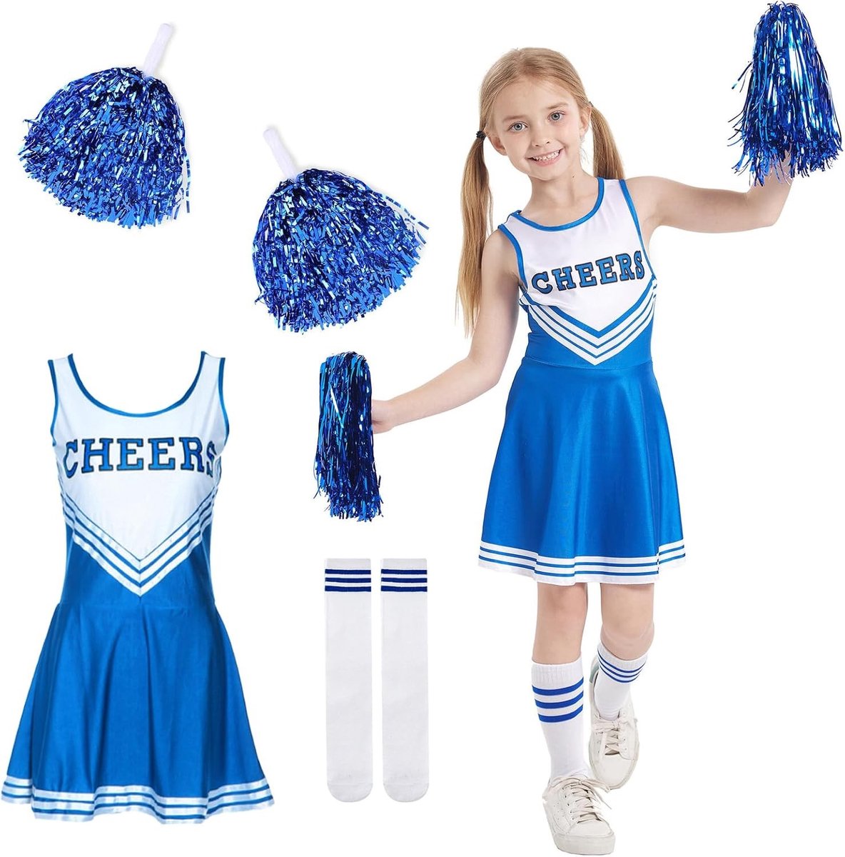 Cheerleader Kostuum voor Kinderen en Vrouwen met Pompoms en Sokken voor Carnaval en Feestjes