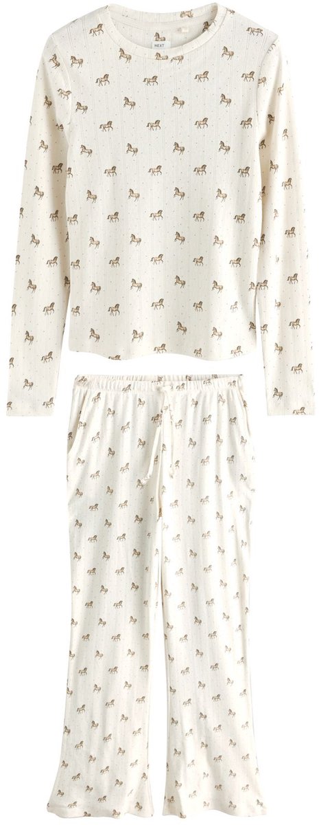 Next Dames - Ajourgebreide pyjama met lange mouwen en wijd uitlopende pijpen - Tall - Crème Cream Horses