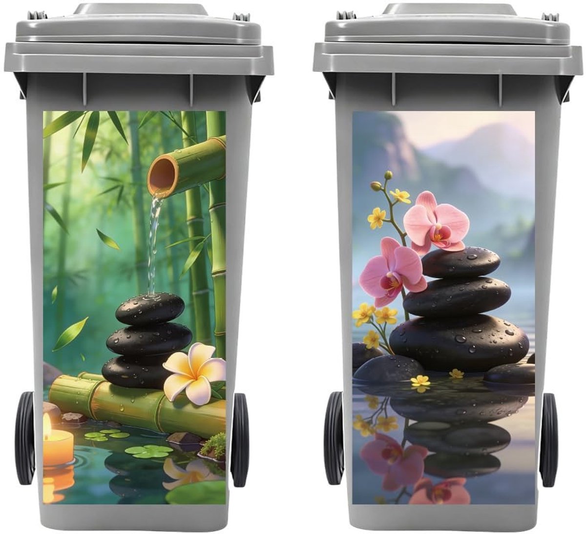 Decoratieve Stickers voor Afvalbak - Zen Pebbles en Bamboe - Set van 2