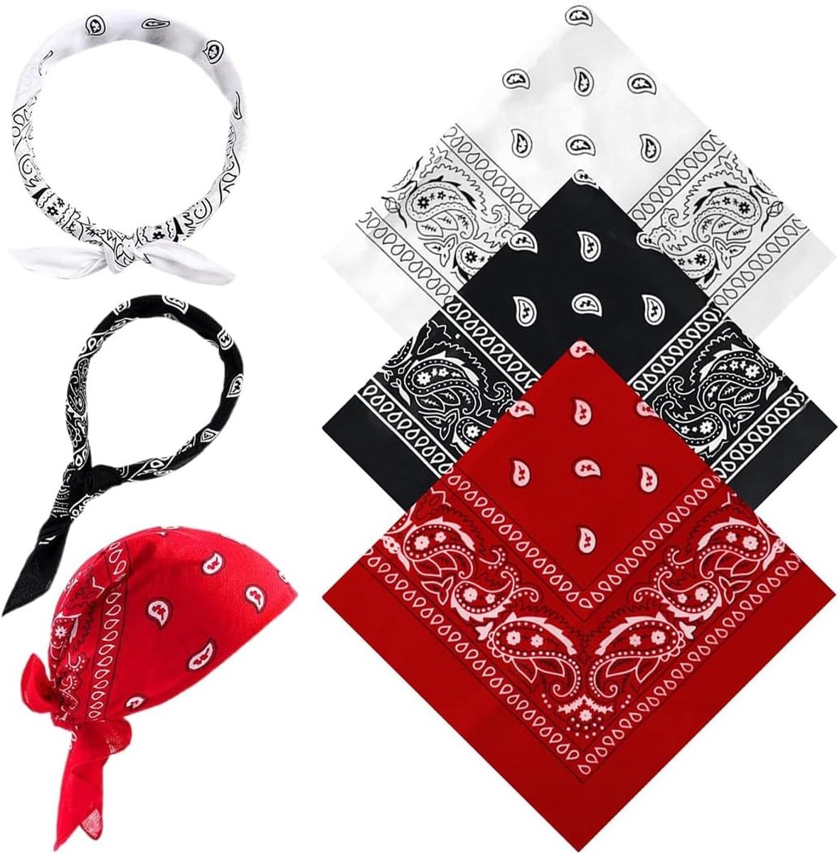 Set van 3 Multifunctionele Zakdoeken voor Mannen, Vrouwen en Kinderen, 54 x 54 cm, Rood/Wit/Zwart - Ideaal als Haaraccessoire, Modeaccessoire en Sjaal