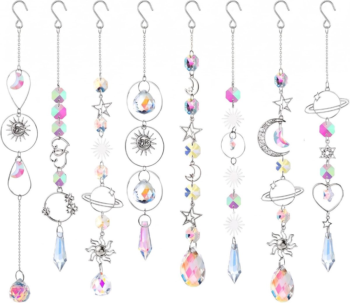Set van 8 kristallen zonnevangers voor raamdecoratie, regenbooglichtvanger en kamerdecoratie met zilveren ketting