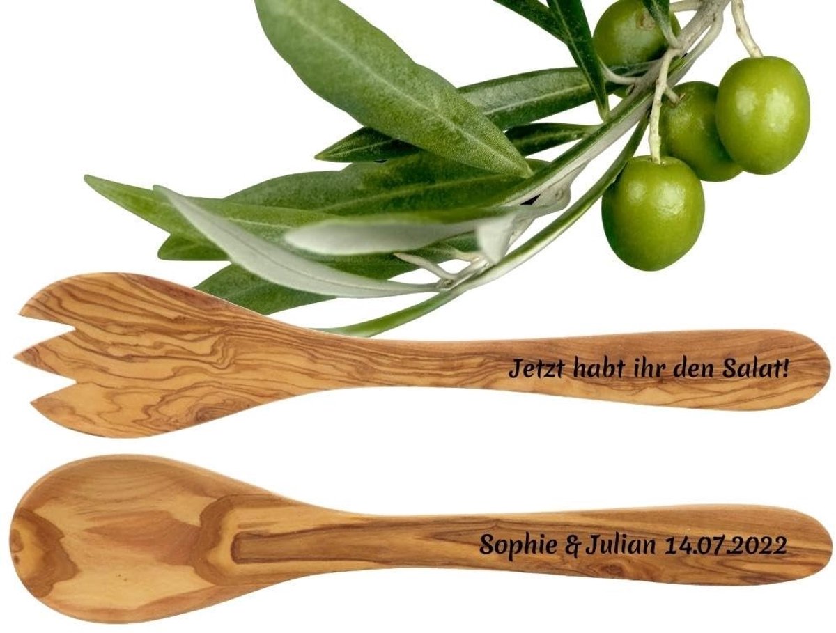 Saladeschep Set van 2 - Olijfhouten Bestek met Persoonlijke Gravure