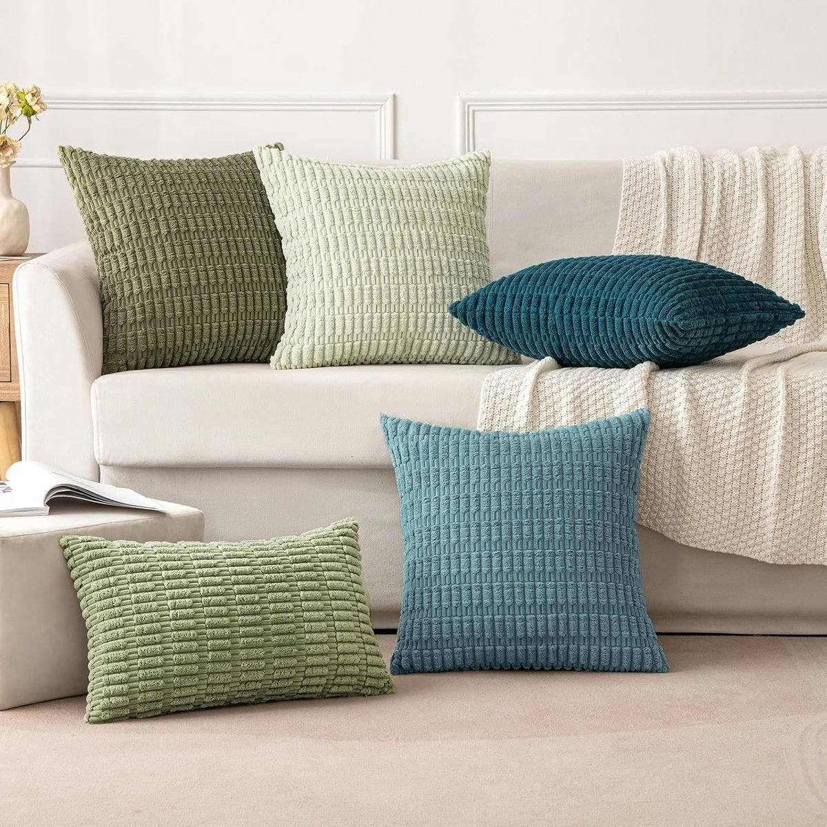 Kussenslopen set van 2 in corduroy, blauwgrijs, 40 x 40 cm, boho stijl, decoratief voor woonkamer en slaapkamer