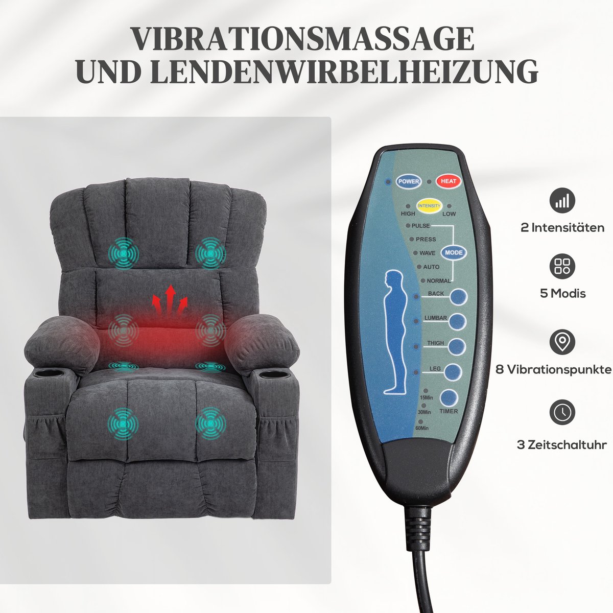 HOMCOM Elektrische Sta-op-stoel met Massage en Verwarming - Relaxfauteuil - TV-stoel - Sta-op-fauteuil - Donkergrijs – foto 5